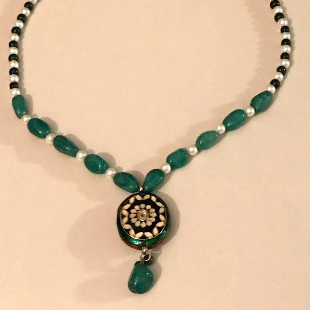 Indian Ornate Green and Pearl Stone Necklace